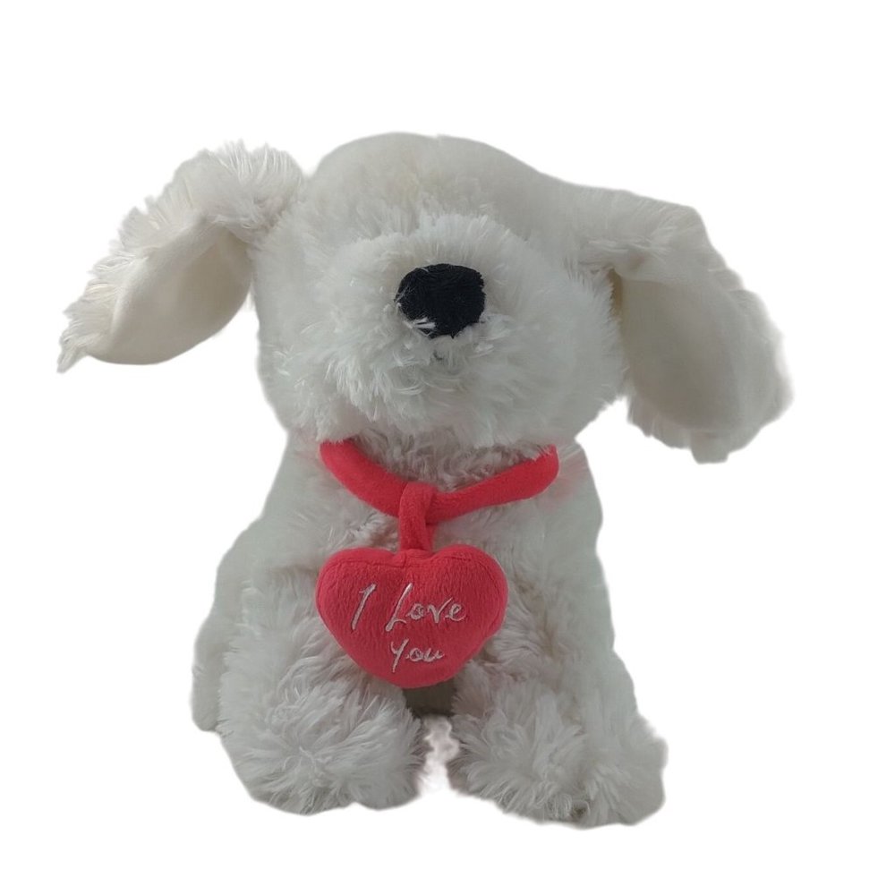 Chrisha Playful White Puppy Dog Plush W/Red I Love You Heart Collar 11" Stuffed